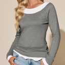 Tankaneo Womens Long Sleeve Shirts Crewneck Patchwork Casual Fitted Tunic Tops Ruffle Lightweight Outfits (Gray, L)