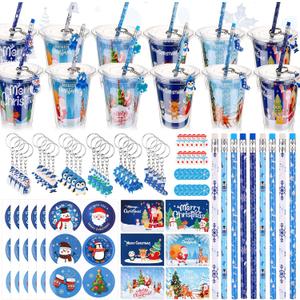 Baderke 144 Pcs Blue Christmas Classroom Gifts for Students Goodie Bag Fillers for Stocking Stuffer Xmas Party Supplies Goody Cups Pencil Eraser Keychain Sticker Greeting Card Gift Exchange Prize