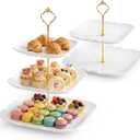SOUJOY Ceramic Cupcake Stand Set of 2, White Embossed Cupcake Display Holders with Gold Rod, 3 Tier and 2 Tier Square Porcelain Dessert Stands for Birthday Tea Party Wedding Baby Shower