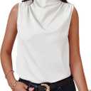 Cicy Bell Womens Mock Neck Satin Tank Tops Business Casual Work Ruched Blouses Summer Corporate Outfits (Small, White)