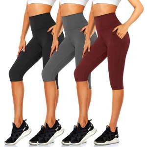Women's Knee Length Leggings-High Waisted Capri Pants Biker Shorts for Women Yoga Workout Exercise Short Casual Summer (A4-black/Gray/Wine(pockets)) Large-X-Large