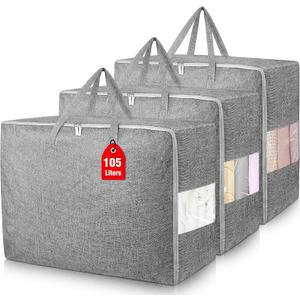 105L Extra Large Storage Bags, Folding Moving Comforter Blanket Storage Bags Closet Organizers and Storage Containers for Clothes with Strong Handles&Zippers Clear Window for Bedding Pillow Grey 3Pack