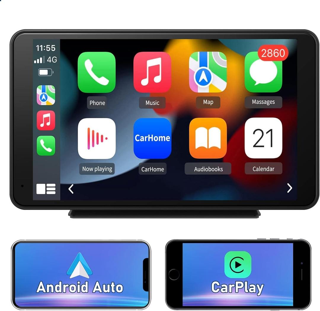 Portable Wireless Apple CarPlay and Android Auto Car Radio Stereo, 7 inches IPS Touchscreen Multimedia Player & Bluetooth 5.0 Audio Hands Free Calling, Mirror Link/GPS/FM/Siri