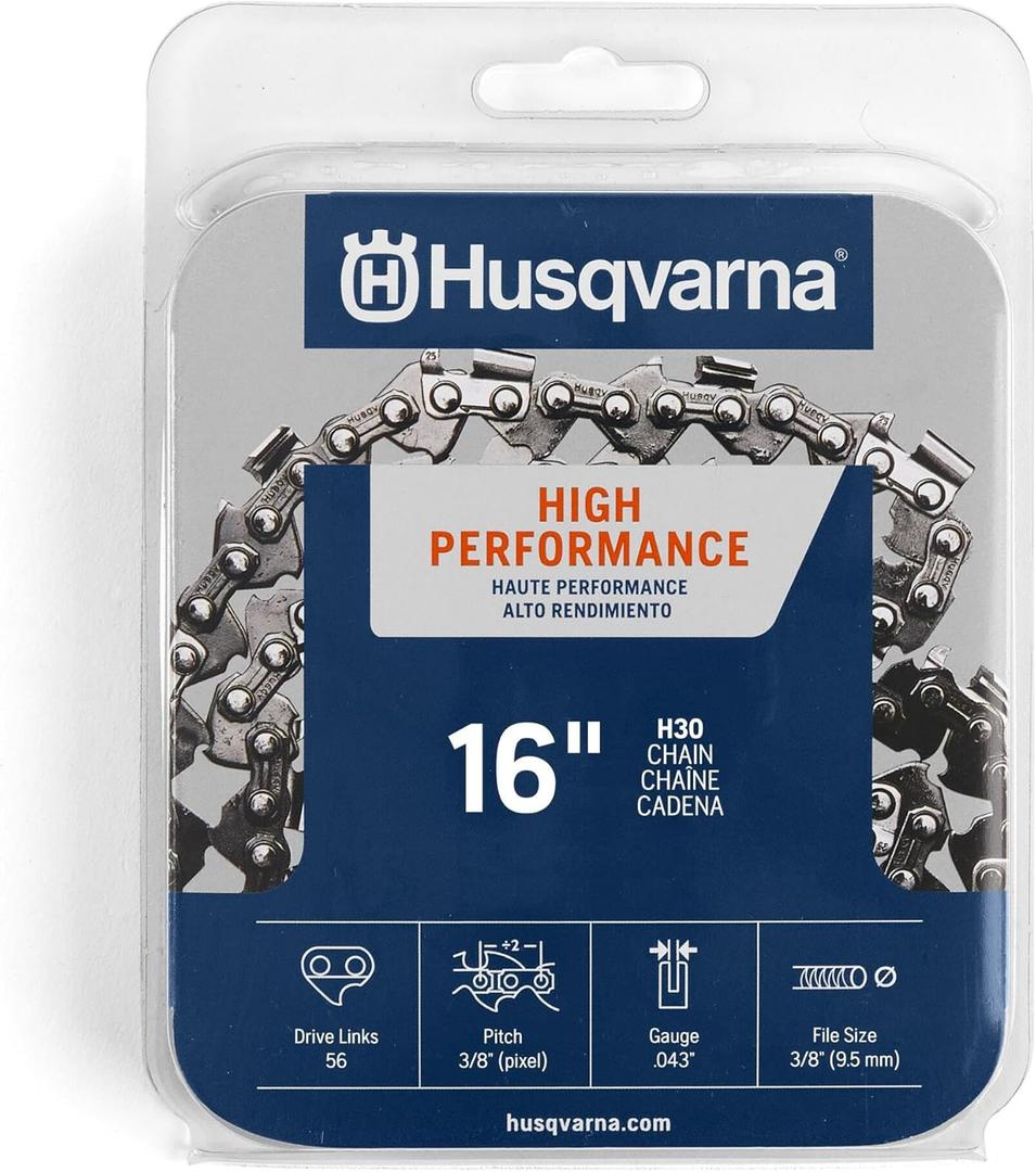 Husqvarna H30 16 Inch Chainsaw Chain, 3/8" Pitch, .043" Gauge, 56 Drive Links, Genuine Husqvarna Chainsaw Blade Replacement with Low Kickback and Low Vibration, Gray