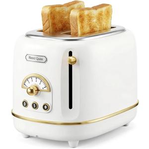 Hazel Quinn 2-Slice Retro Toaster, 6 Browning Levels, 3 Functions-Defrost/Reheat/Cancel, Removable Crumb Tray for Easy to Clean, 1.5 Inches Extra Wide Slots - Pearl White