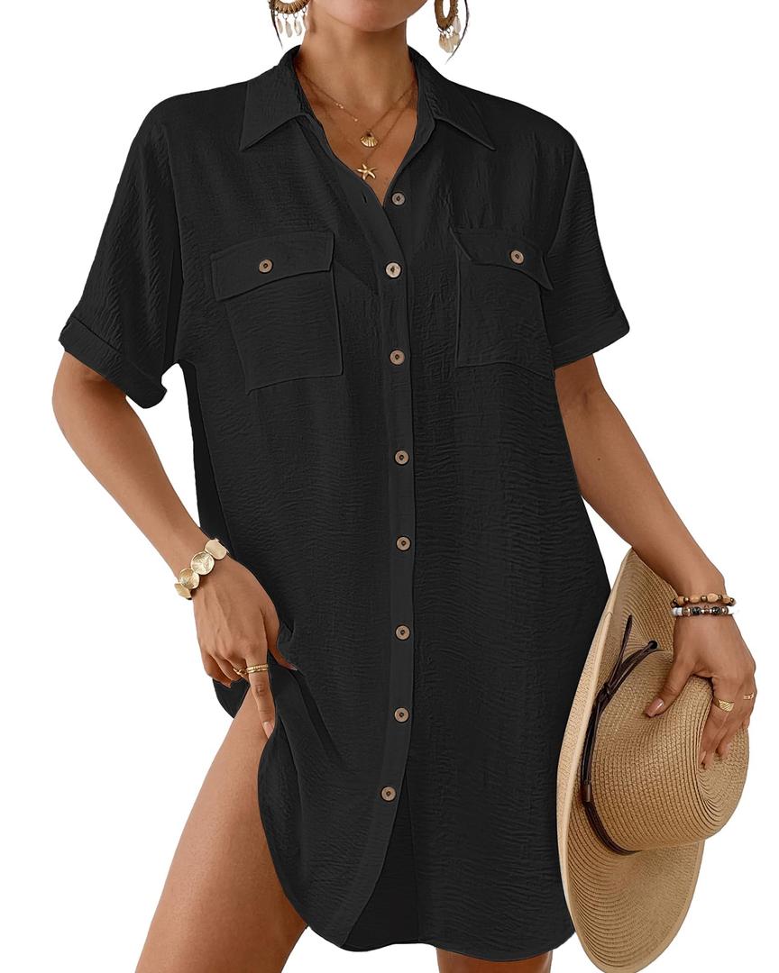 Bsubseach Women Swimsuit Coverup Button Down Bathing Suit Cover Up for Swimwear Summer Beach Shirt Dresses Resort Wear Black S (Black, M)