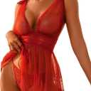 OYOANGLE Women's 2 Piece Polka Dots Lace Sheer Mesh V Neck Babydoll Teddy Lingerie Set (Red, XXL)