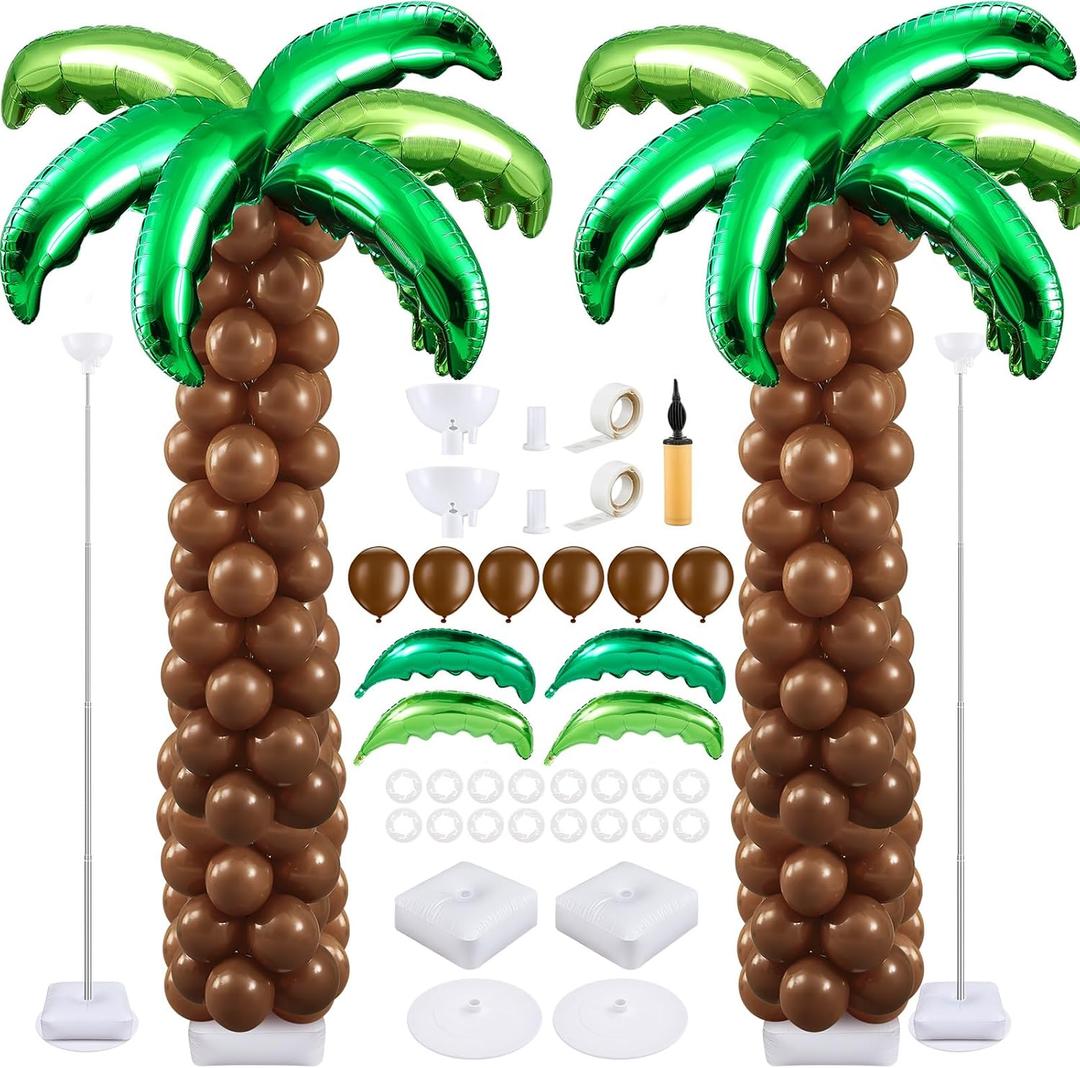 Gejoy 2 Set Palm Tree Balloon Column Stand Kit 6.5 ft Adjustable Metal Tube with 182 Pcs Palm Tree Leaves Balloons and Coconut Balloons for Hawaiian Luau Summer Theme Party Decorations