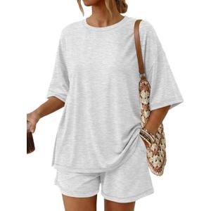Trendy Queen 2 Piece Summer Set Oversized Top & Loose Fit Shorts with Pockets (Medium, Oatmeal Grey)