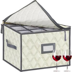 VERONLY Christmas Stemware Storage Cases with Dividers- Holds 12 Wine Glass Storage or Crystal Glassware Containers, China Storage Containers with 2 Handles and Label Window -Set of 1 Beige