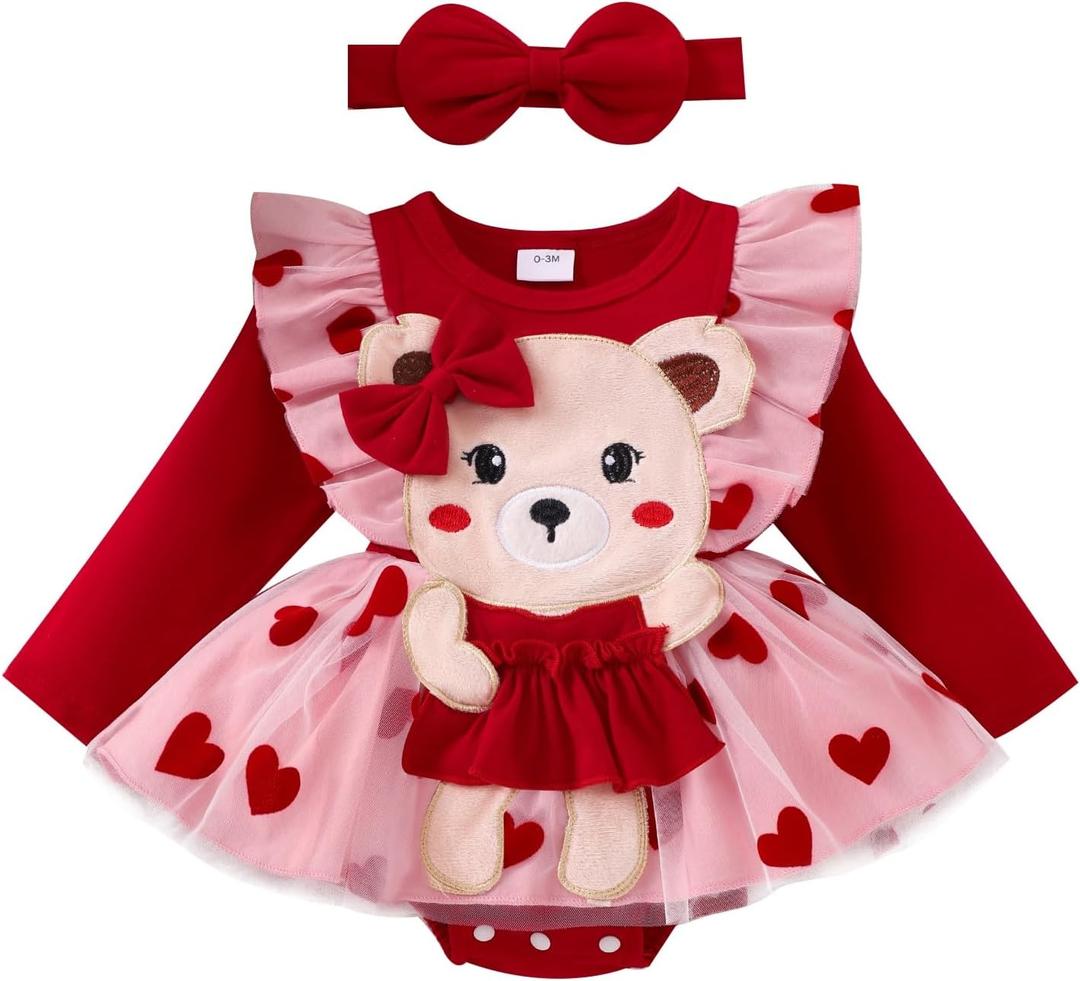 Baby Girl Clothes Fall Winter Newborn Romper Outfits Infant Cute Cartoon Long Sleeve Dress Headband 0-18 Months (9-12 Months, Red)