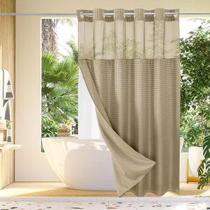 Gibelle Long Shower Curtain 72x80, Waffle Weave Bathroom Shower Curtain with Snap-in Fabric Liner Set, No Hooks Needed, Hotel Style with Mesh Top Window, Beige