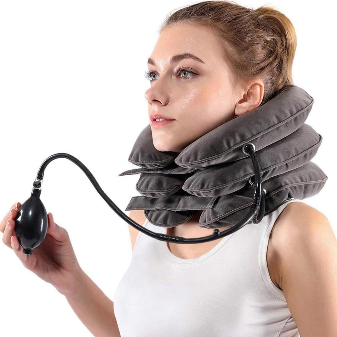 S Cervical Neck Traction Device for Instant Neck Pain Relief - Inflatable & Adjustable Neck Stretcher Neck Support Brace, Neck Traction Pillow for Home Use Neck Decompression (Gray)