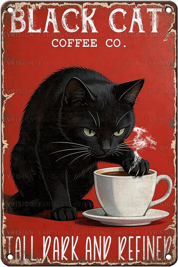 Coffee Metal Sign Funny Black Cat Decor Tall Dark And Refined Tin Signs Wall Decor For Home Cafe Kitchen Bar Living Room Office 12 * 8In