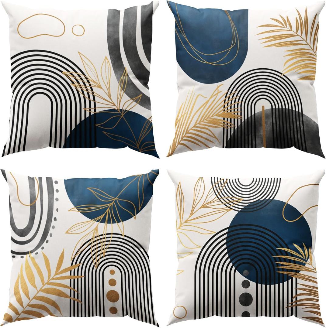 Blue and Grey Throw Pillows Boho Pillow Covers 18x18 Abstract Geometric Pillow Covers Mid Century Modern Decor for Sofa Bed Living Room Couch Set of 4
