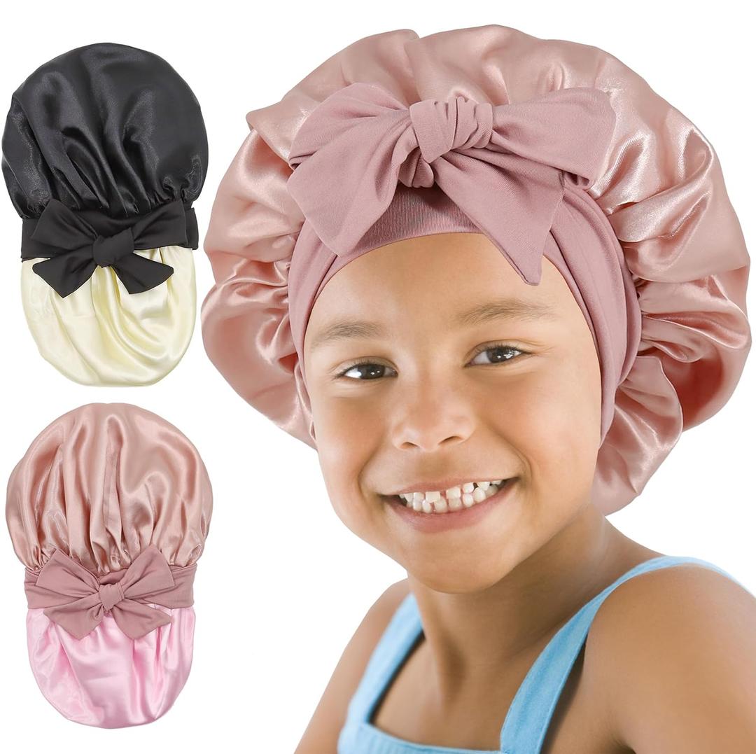 2 PCS Kids Bonnet for Girls Double Layer Silk Satin Bonnet Sleep Cap for Child Curly Natural Hair 3-12Y (Pink&Black)