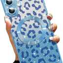 AIGOMARA Phone Case for iPhone 16 [Compatible with MagSafe] Leopard Print Design Glitter Bling Case Shockproof Scratch-Resistant Soft TPU Cover for Women - Blue