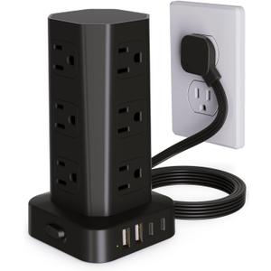 Power Strip Tower Surge Protector, 6FT Flat Plug Extension Cord with Multiple Outlets, 12 AC Outlets 4 USB (2 USB C), Desktop Charging Station with Surge Protection for Home Office Dorm Room, Black