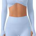 SUUKSESS Women 2 Piece Workout Sets Long Sleeve Twist Deep V Crop Padded Tops Yoga Leggings with Side Pockets (X-Small, Baby Blue)