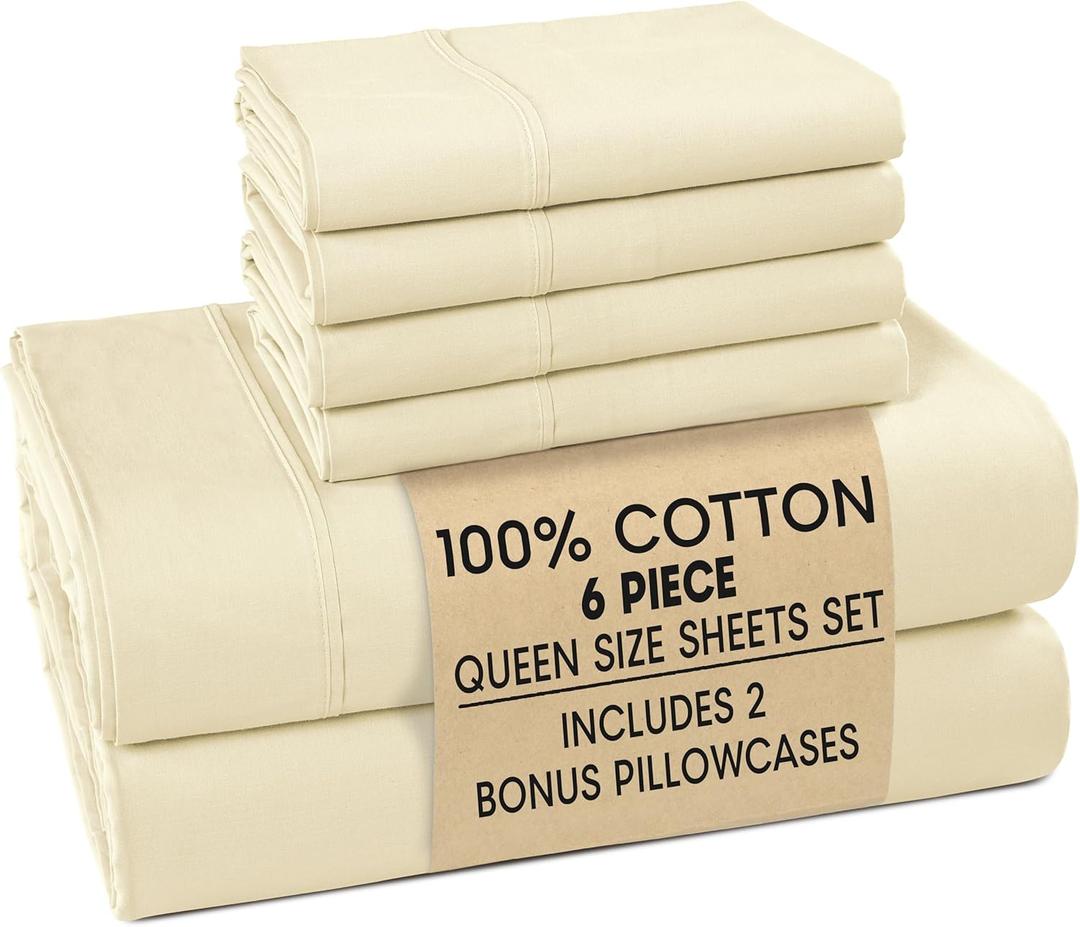 Casa Platino Queen Bed Sheets  Breathable 6 Piece Percale Cooling Queen Sheets with Crisp Feel, with 15 Inch Deep Pocket Fitted Sheet, Ultra Soft & Cozy Feel, Fit  Ivory