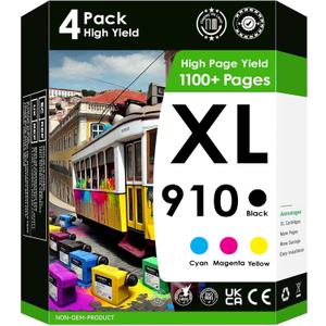910XL Black and 910 (Cyan, Magenta, Yellow) 4 cartridges Works with Officejet Pro 8100/8600/251/276.
