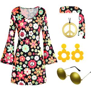 Deerjoke 60s 70s Disco Outfit Hippie Costume Women, 1970 Style Clothes Dress Peace Sign Accessories Jewelry Halloween (XL)