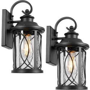 Treekee Outdoor Light Fixture Wall Mount, Modern Exterior Wall Sconce with Seeded Glass & E26 Sockets for Front Porch, Farmhouse Rustic Black Wall Lantern Lamp for Patio Garage Home Yard