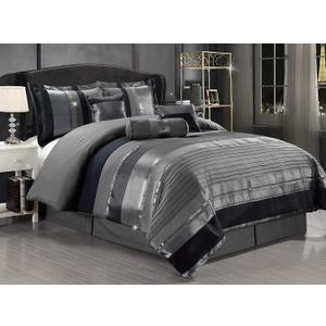 GrandLinen - 7-Piece King Size Chenille/Woven Jacquard Bedding Grey/Gray Silver Stripe Overize Comforter Set Bed in a Bag