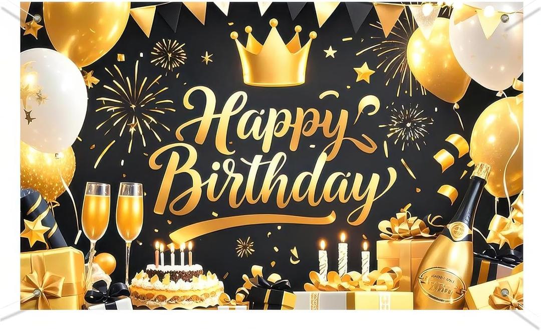 Happy Birthday Sign Backdrop 71x43 for Photography Background Black and Gold Balloon Party Backdrops Birthday Photo Studio Banner Background Decorations for Men Women