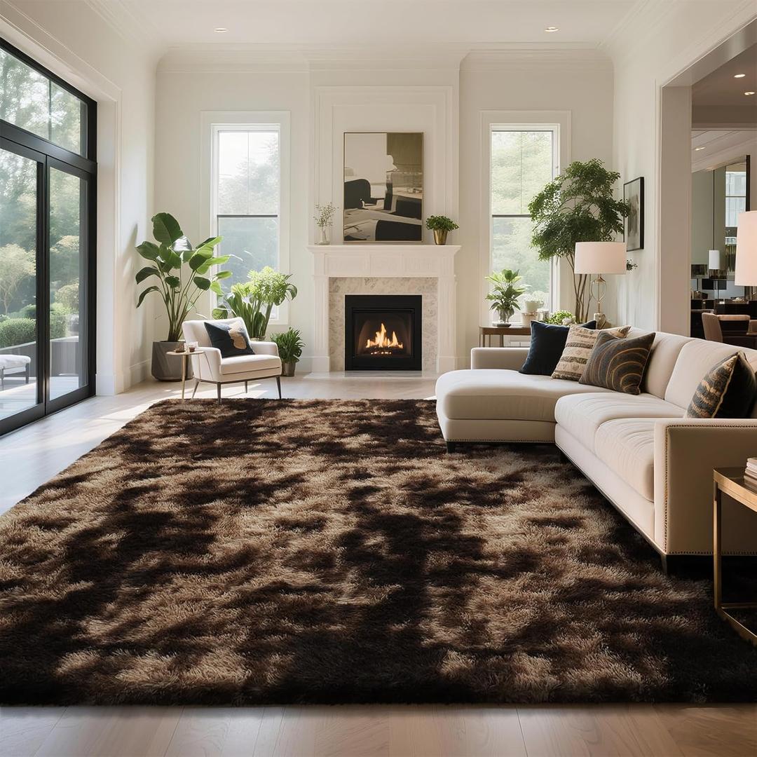 Fluffy Rug Shaggy Area Rug, Mottling Brown 8x10 Area Rugs for Living Room, Large Shag Area Rugs for Bedroom Kids Room Home Decor, Upgrade Anti-Skid Rectangular Fuzzy Rugs
