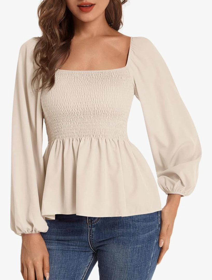 Umenlele Women's Long Sleeve Square Neck Shirred Ruched Ruffle Peplum Blouse Shirt Tops XL