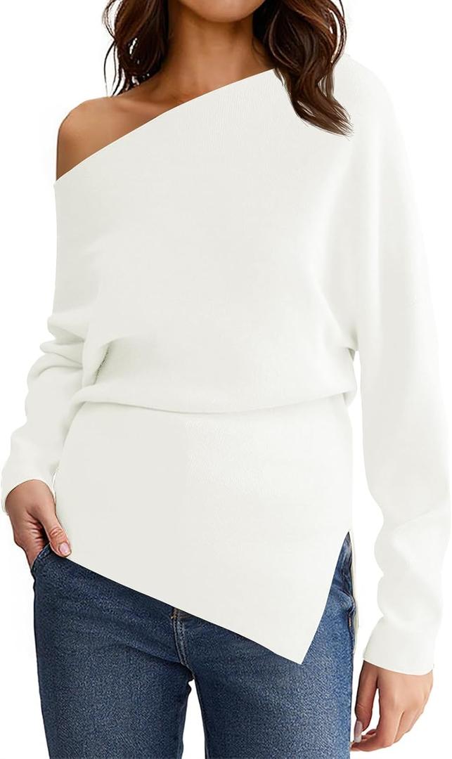 Saodimallsu Womens Off One Shoulder Sweaters Long Sleeve 2025 Casual Fall Pullover Knit Tops (White, XL)