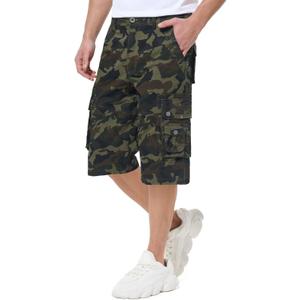 BEST SOUTH Men's Capri Long Twill Cargo Shorts Below Knee 13 Inches Cotton Relaxed Fit Casual Multi-Pocket (38, Army Green Camo)