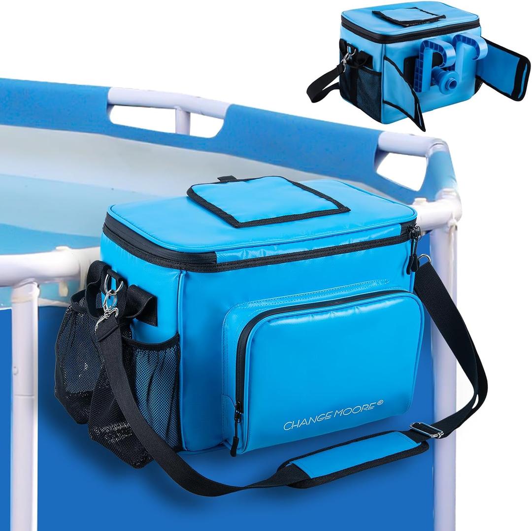 CHANGEMOORE Above Ground Pool Accessories Poolside Storage Basket with Cooler, Heavy Duty Hanging Pool Bag with Top Window, 28L Capacity Fits 30 Cans, Waterproof 500D PVC, Metal Buckles & 6cm Hooks