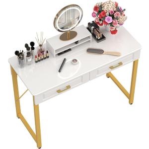 WESTREE Vanity Desk with 2 Drawers and Storage Shelf, Modern Makeup Table with Glossy Desktop, Gold Metal Frame Writing Desk for Bedroom or Home Office, No Mirror (40 Inch, White)