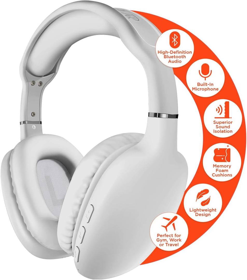 HyperGear Wireless Headphones Bluetooth White- Noise Isolation Headphones Wireless Over The Ear Head Phones, Gym Headset Built-in Mic Controls Square Foam Cups Foldable Headphone for Women and Men