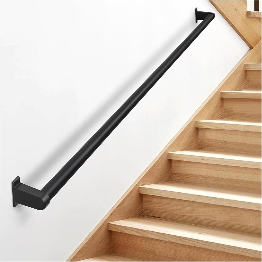 Industrial Stair Railing Metal Hand Rails for Indoor Stairs Wall Mount Staircase Handrails 1.5" Pipe Stair Handrail for Steps Black Aluminum Stairway Railing for Outdoor & Indoor Stairs 5ft