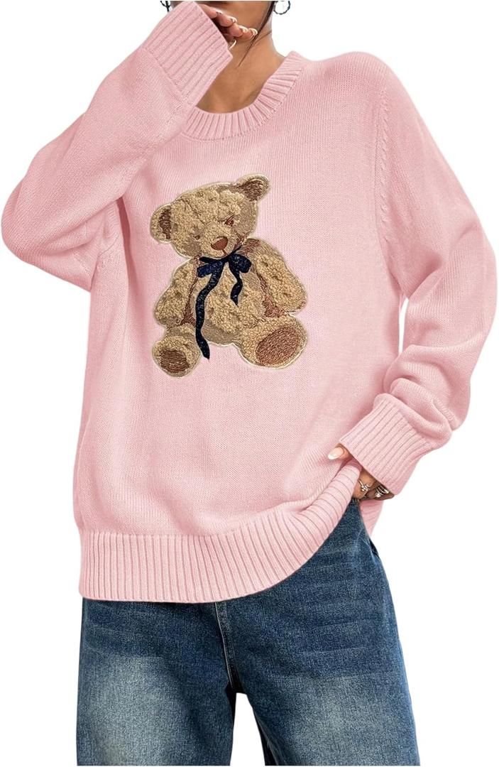 GORGLITTER Women's Teddy Bear Sweater Long Sleeve Cute Crew Neck Chunky Cozy Fall Trendy 2025 Knit Pullover Tops (Large, Pink)