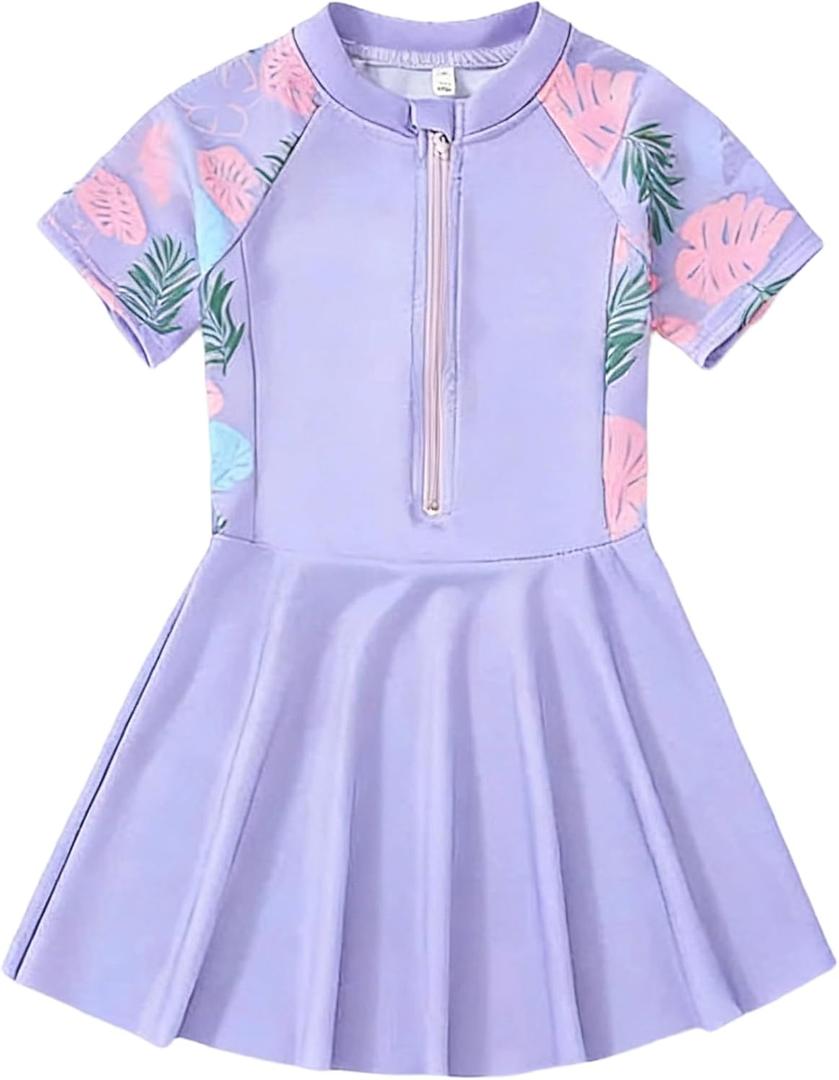 Kids-Girls One-Piece Swimsuit-Skirted UPF 50+ Short-Sleeve Zip-Up Bathing Suit Swim-Dress Toddler Summer Swimwear (120, Purple)