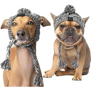 SEIS Winter Dog Knitted Hat with Puffball Warm Pet Cap Fashion Gray Cat Headband Protector for Medium Dogs (Gray, M (Head 41-51cm/ 16.1"-20.1"))