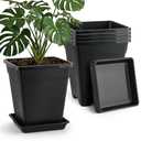 BTPLASTIK Plant Pots 10 Inch Set of 5, Large Square Plastic Planter with Drainage & Saucer, 5 Gallon Thick Outdoor Garden Pots Container for Outdoor Indoor, Flower Pots Planters