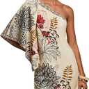 Floerns Women's Floral One Shoulder Mini Dress Dolman Sleeve Vacation Tunic Dresses (Brown, M)