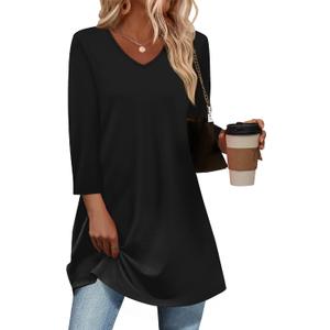 OFEEFAN 3/4 Length Sleeve Womens Tops Dressy Casual Plus Size Tunics to Wear with Leggings (Black, XL)