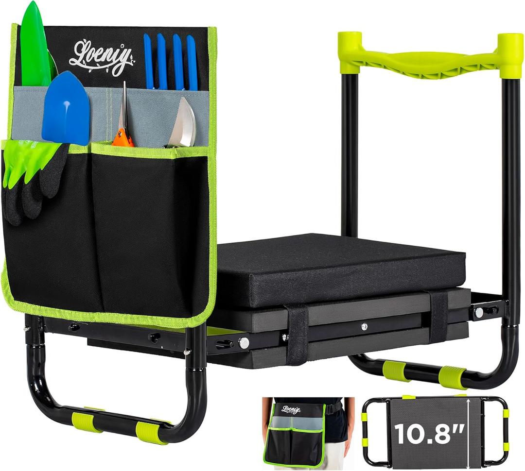 10.8 Wide Garden Kneeler and Seat, Heavy Duty Foldable Gardening Stool with Tool Belt Pouch, Included Thickened Kneeling Pad, Portable Gardening Bench Chair for Seniors & Parents