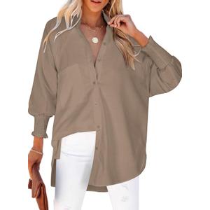 Wolddress Women's Striped Button Down Shirts Smocked Long Sleeve V Neck Summer Coverup Blouse Tops