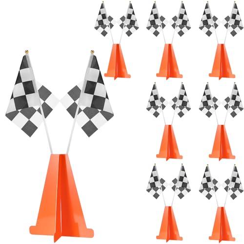 Affrolling Racing Car Party Decorations Include 6 Orange Traffic Cones and 8 Checkered Flags Mini Black and White 7 Inch Cardboard Cones for Race Car Theme Birthday Party Decorations