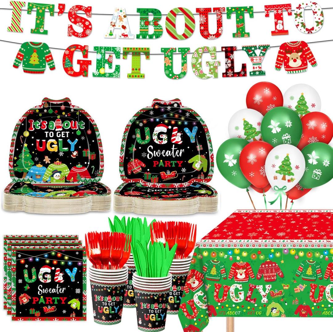 176 PCS Ugly Sweater Party Decorations - Ugly Sweater Decorations Set Includes Plates, Napkins, Cups, Forks, Knives, Banner, Tablecloth, and Balloon for Christmas Party Decorations, Serves 25