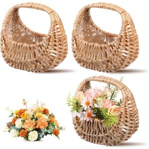 3 Pack Rattan Flower Girl Baskets, Small Half Moon Wicker Baskets with Handles Plastic Liner for Wedding Flower Girl, Decorative Eggs Candy Garden Storage, Gifts, Camping