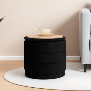 15 Inch Round Velvet Storage Ottoman, Upholstered Foldable Foot Rest Stool with Tray, Small Coffee Table for Bedroom Living Room