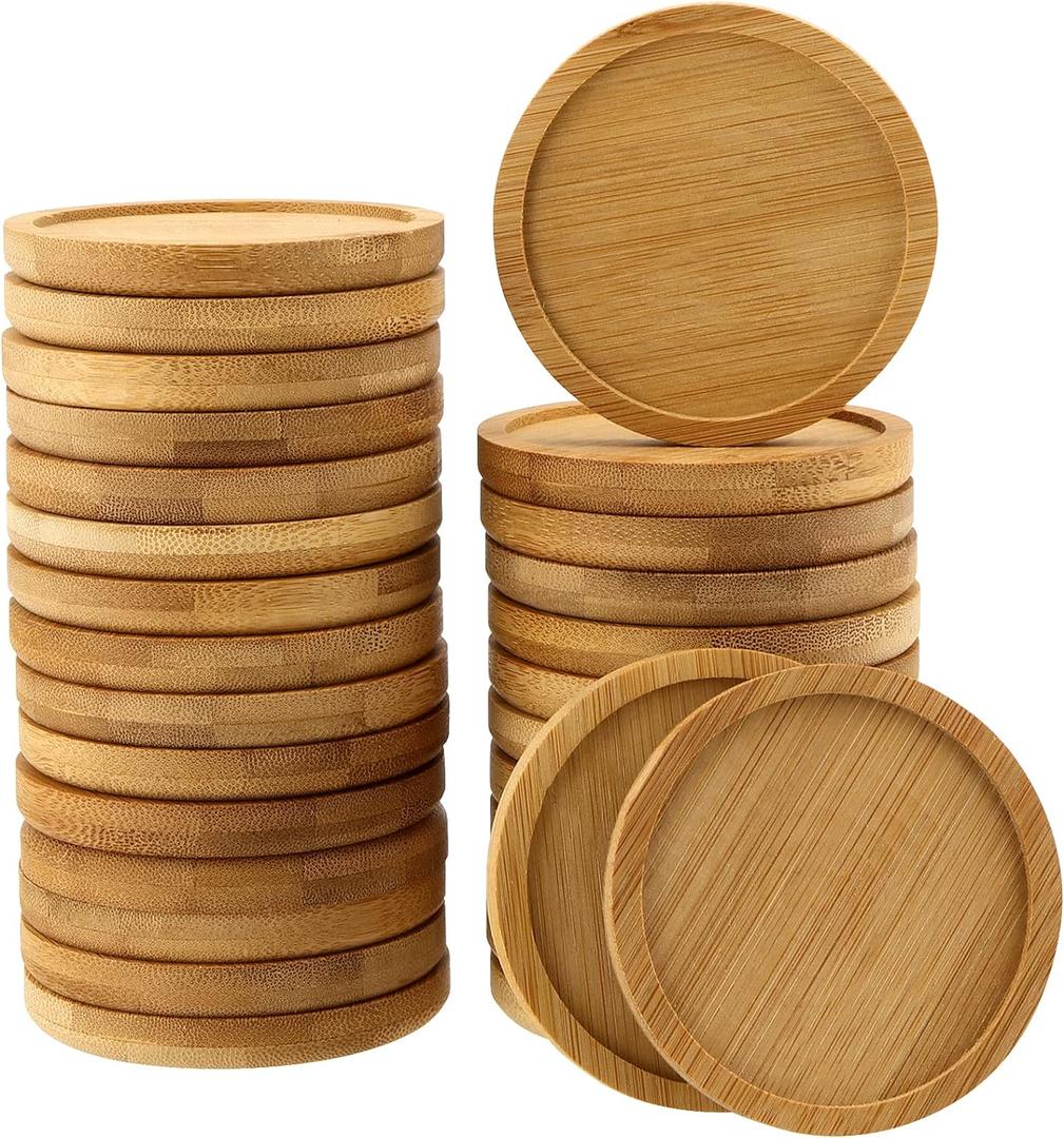 PINGEUI 30 Pack 3 Inch Round Bamboo Coasters, Natural Wooden Drink Coasters, Round Bamboo Saucer Decorative Succulent Tray for Cups, Outdoor and Indoor Plant Pots